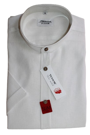KOSZULA TUDOR KRÓTKI RĘKAW SLIM, 100% LEN, BIAŁY, 176/182