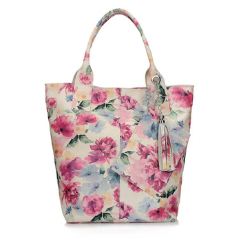 TOREBKA DAMSKA, SHOPPER TOSCANIO 1101, KWIATY, SKÓRA NATURALNA