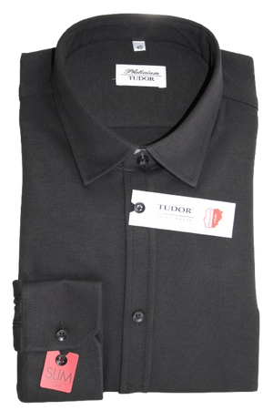 KOSZULA TUDOR DŁUGI RĘKAW SLIM 100% BAWEŁNA, DZIANINA, CZARNY 176/182