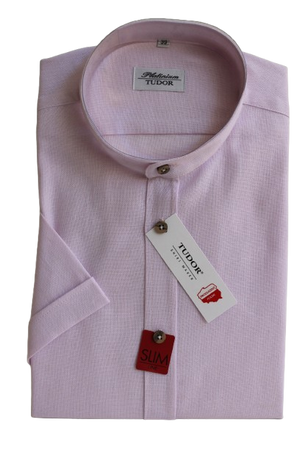 KOSZULA TUDOR KRÓTKI RĘKAW SLIM, 100% LEN, RÓŻ, 176/182