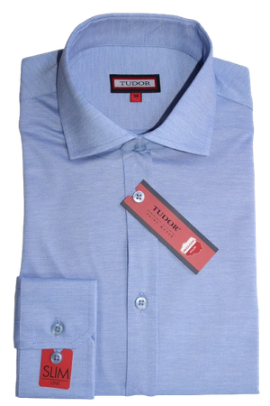 KOSZULA TUDOR DŁUGI RĘKAW SLIM 176/182, 100% BAWEŁNA, DZIANINA, NIEBIESKI