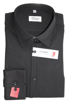 KOSZULA TUDOR DŁUGI RĘKAW SLIM 100% BAWEŁNA, DZIANINA, CZARNY 176/182