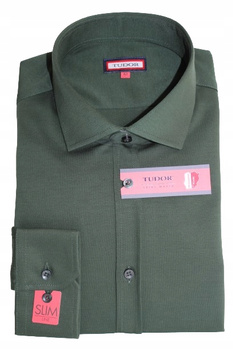 KOSZULA TUDOR DŁUGI RĘKAW SLIM 40 - 176/182, 100% BAWEŁNA, DZIANINA, ZIELEŃ
