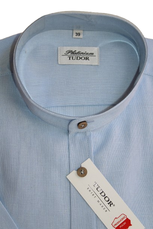 KOSZULA TUDOR KRÓTKI RĘKAW SLIM, 100% LEN, NIEBIESKI, 176/182