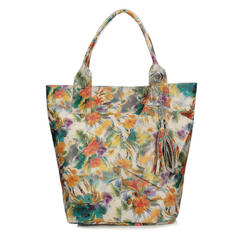 TOREBKA DAMSKA, SHOPPER TOSCANIO 1101, KWIATY, SKÓRA NATURALNA