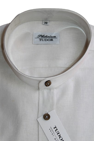 KOSZULA TUDOR KRÓTKI RĘKAW SLIM, 100% LEN, BIAŁY, 176/182