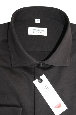 KOSZULA TUDOR DŁUGI RĘKAW SLIM 100% BAWEŁNA, DZIANINA, CZARNY 176/182