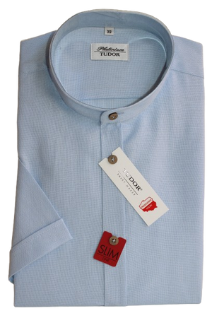 KOSZULA TUDOR KRÓTKI RĘKAW SLIM, 100% LEN, NIEBIESKI, 176/182