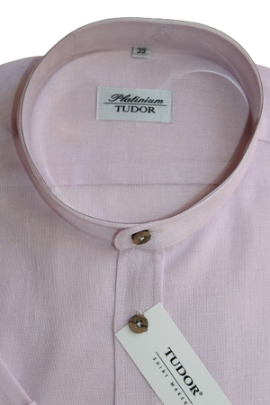 KOSZULA TUDOR KRÓTKI RĘKAW SLIM, 100% LEN, RÓŻ, 176/182